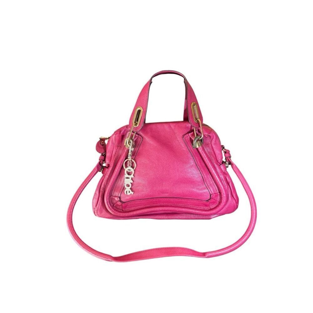 Chloe Fuchsia Pink Leather Medium Paraty 2way Satchel with Charm Auth
